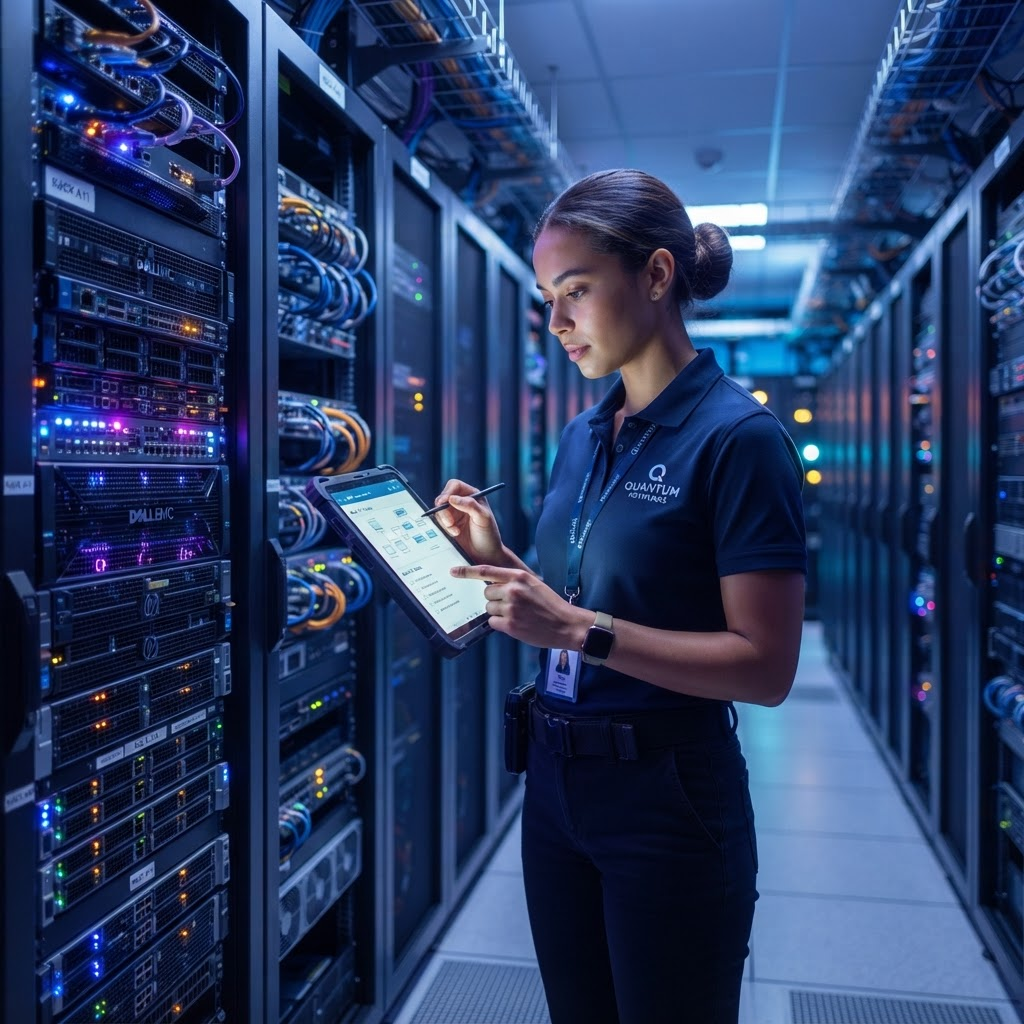 IT technician managing servers in a modern data center
